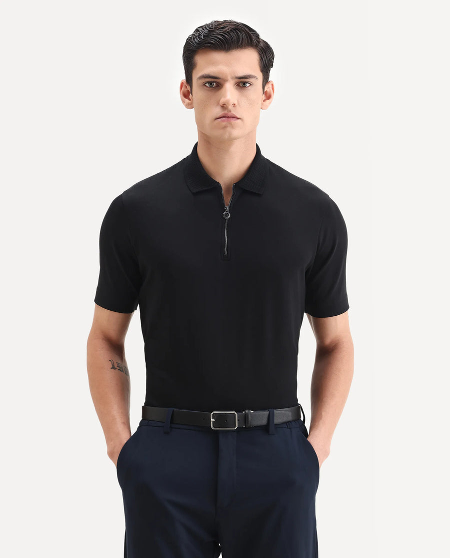 Rare Rabbit Men's Braido Black Cotton Blend Fabric Half Sleeve Spread Collar Plain Polo
