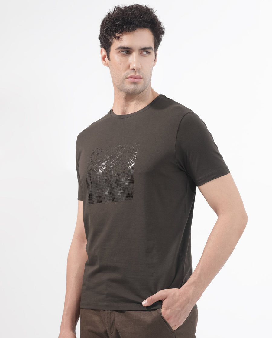 Rare Rabbit Men's Brandon Olive Cotton Blend Graphic Print Regular Fit Half Sleeve Crew Neck T-Shirt