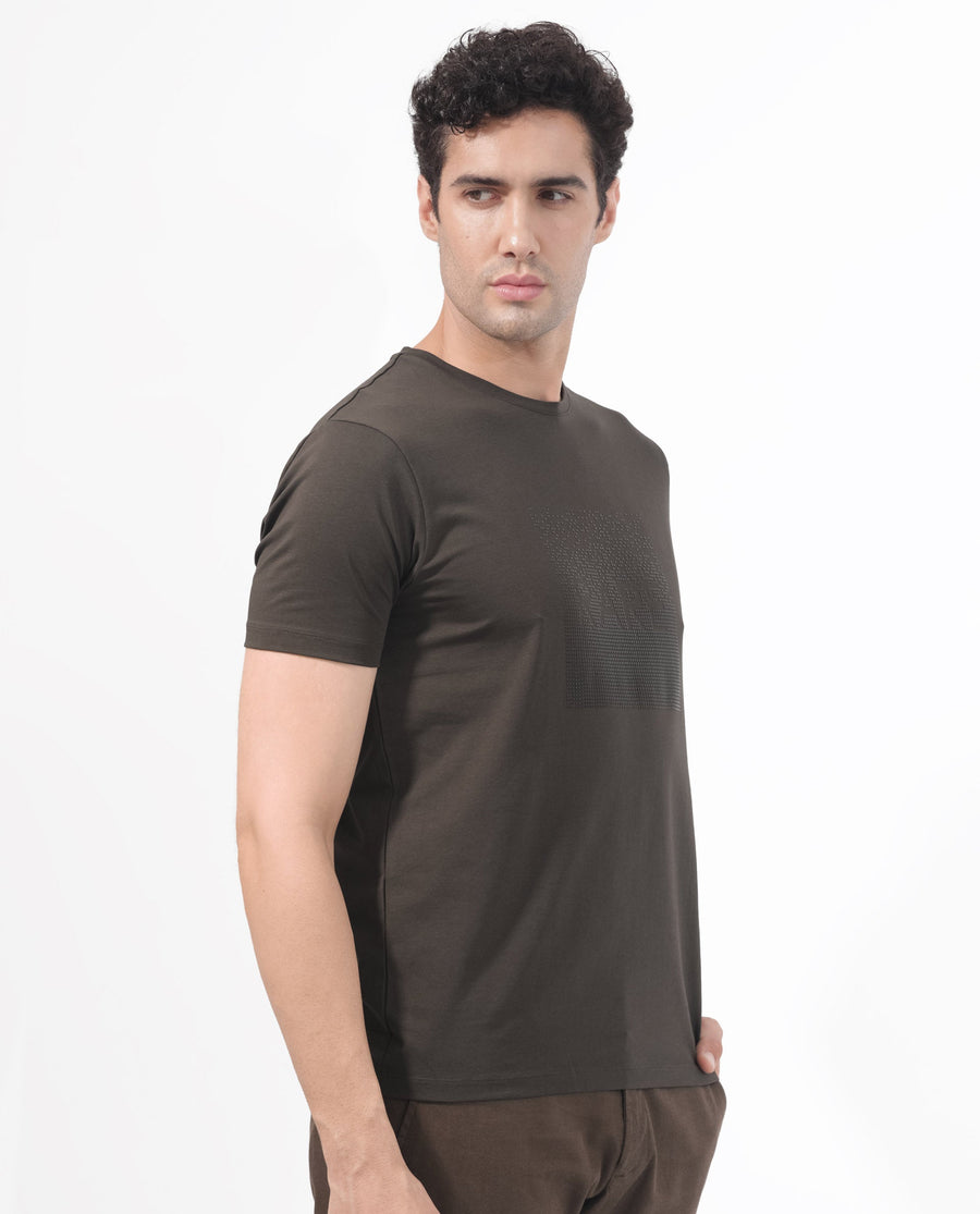 Rare Rabbit Men's Brandon Olive Cotton Blend Graphic Print Regular Fit Half Sleeve Crew Neck T-Shirt
