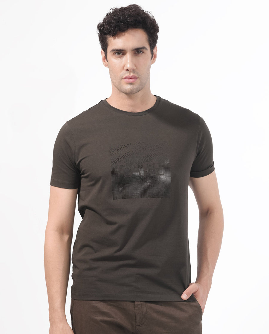 Rare Rabbit Men's Brandon Olive Cotton Blend Graphic Print Regular Fit Half Sleeve Crew Neck T-Shirt