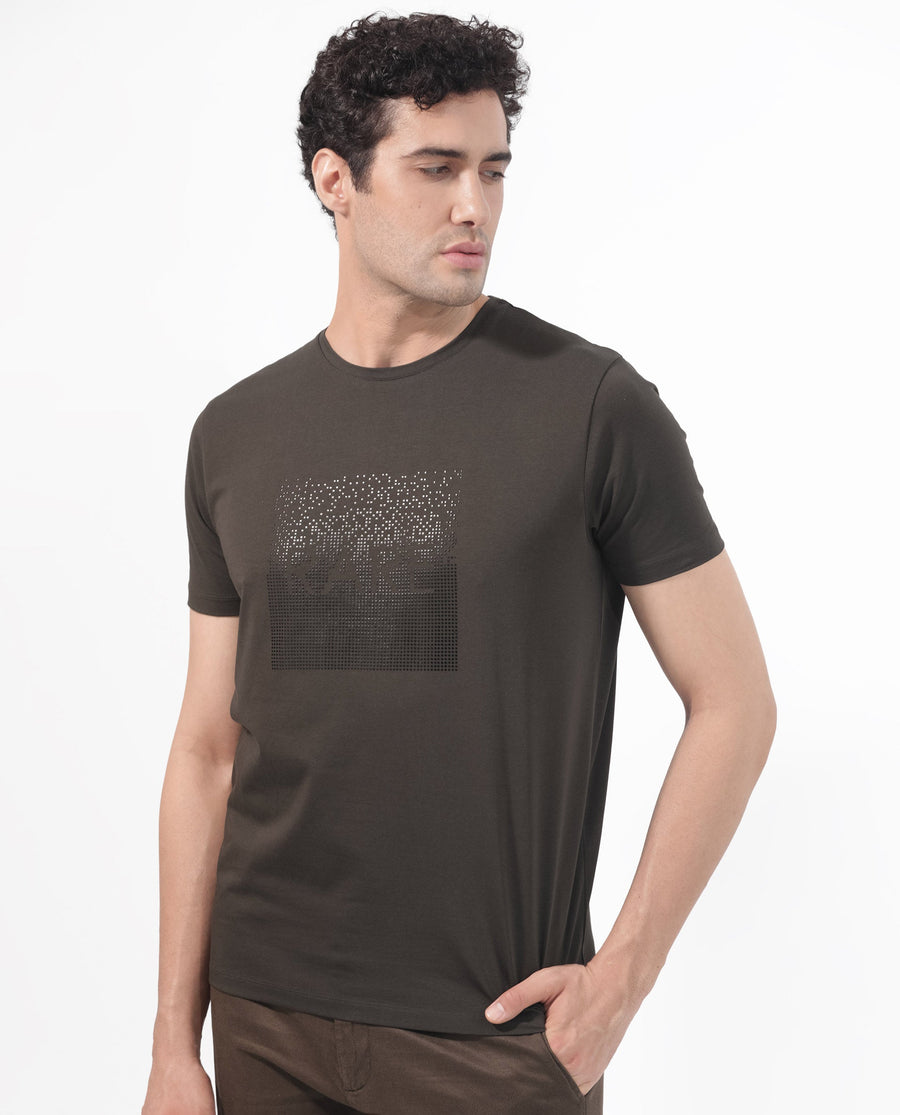 Rare Rabbit Men's Brandon Olive Cotton Blend Graphic Print Regular Fit Half Sleeve Crew Neck T-Shirt