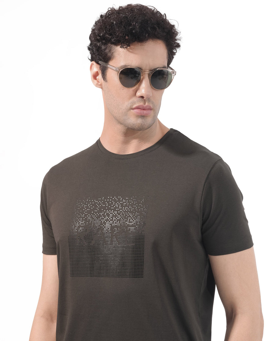 Rare Rabbit Men's Brandon Olive Cotton Blend Graphic Print Regular Fit Half Sleeve Crew Neck T-Shirt
