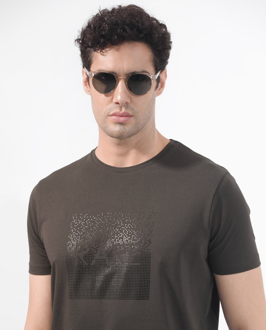 Rare Rabbit Men's Brandon Olive Cotton Blend Graphic Print Regular Fit Half Sleeve Crew Neck T-Shirt
