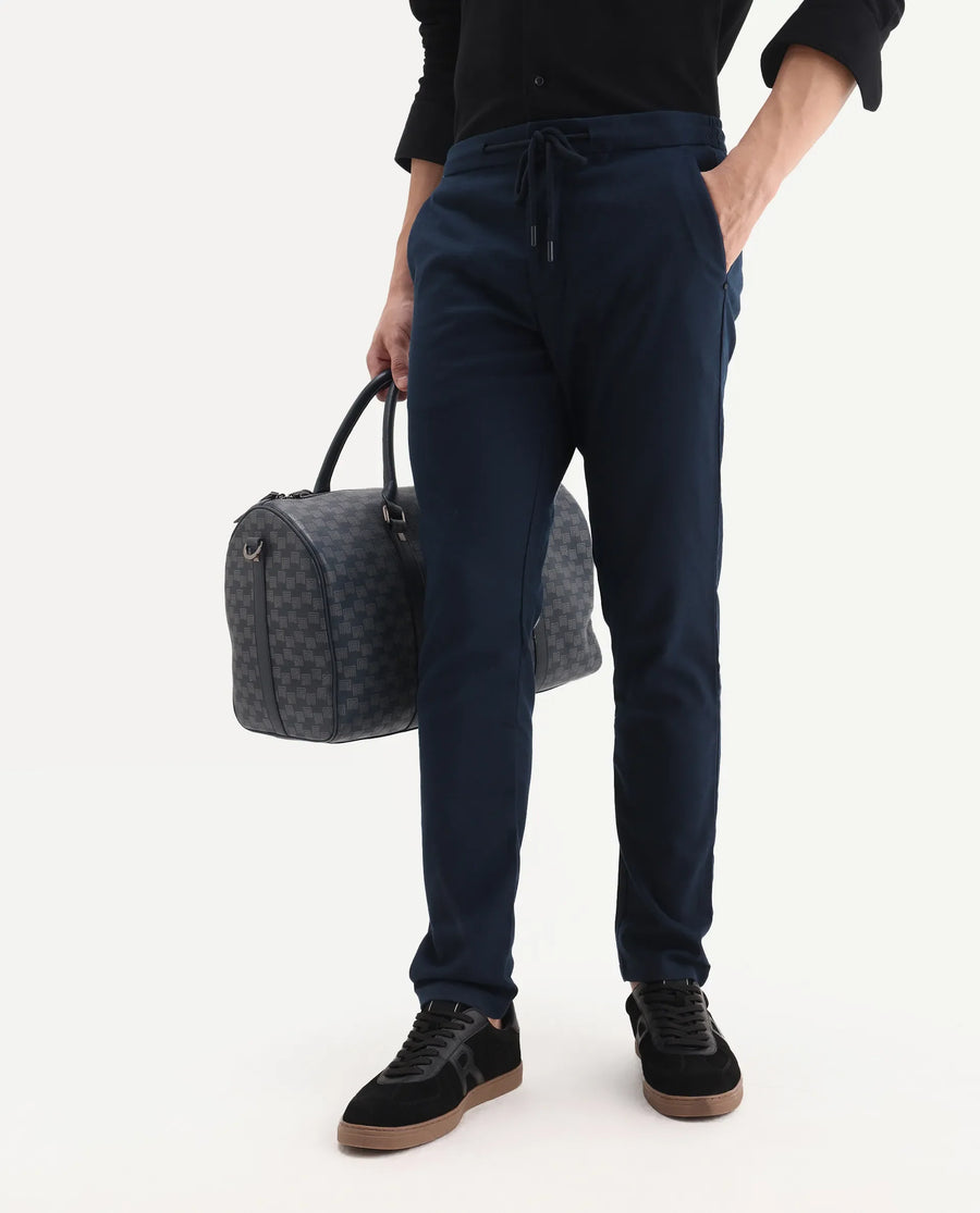 Rare Rabbit Men's Brando Navy Plain Regular Fit Trouser