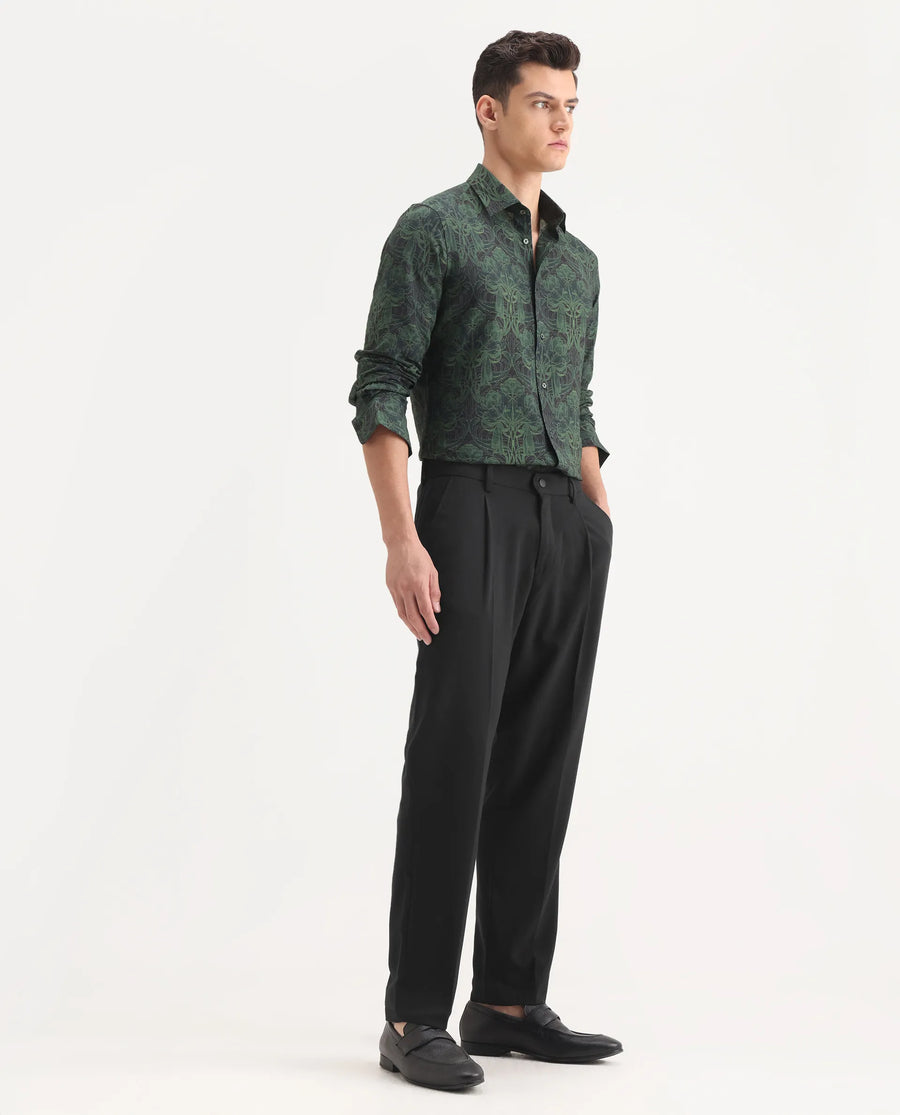 Rare Rabbit Men's Branter Black Polyester Plain Relaxed Fit Trouser