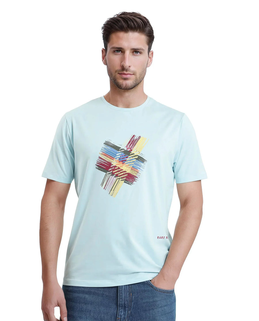 Rare Rabbit Men's Brax Light Blue Cotton Blend Graphic Print Regular Fit Half Sleeve Crew Neck T-Shirt