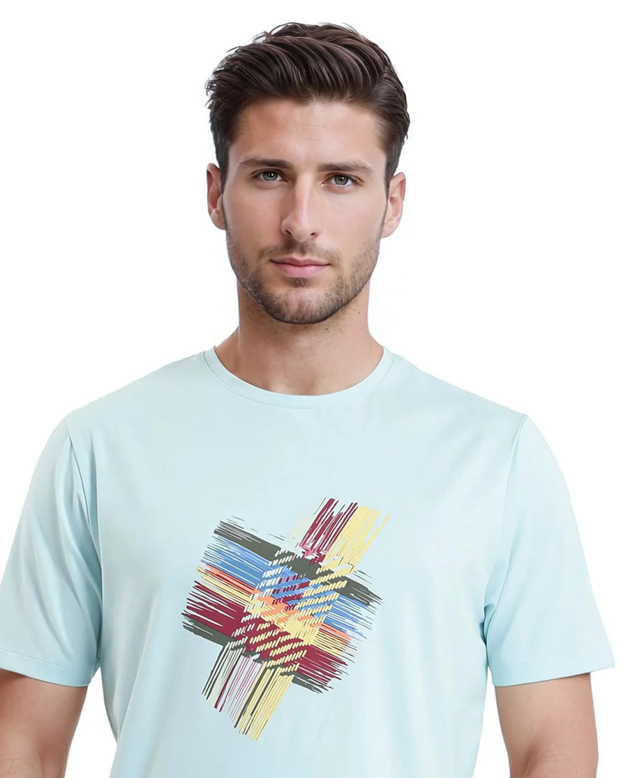 Rare Rabbit Men's Brax Light Blue Cotton Blend Graphic Print Regular Fit Half Sleeve Crew Neck T-Shirt