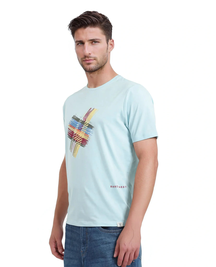 Rare Rabbit Men's Brax Light Blue Cotton Blend Graphic Print Regular Fit Half Sleeve Crew Neck T-Shirt