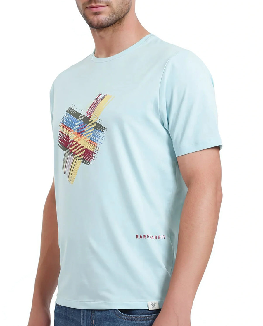 Rare Rabbit Men's Brax Light Blue Cotton Blend Graphic Print Regular Fit Half Sleeve Crew Neck T-Shirt