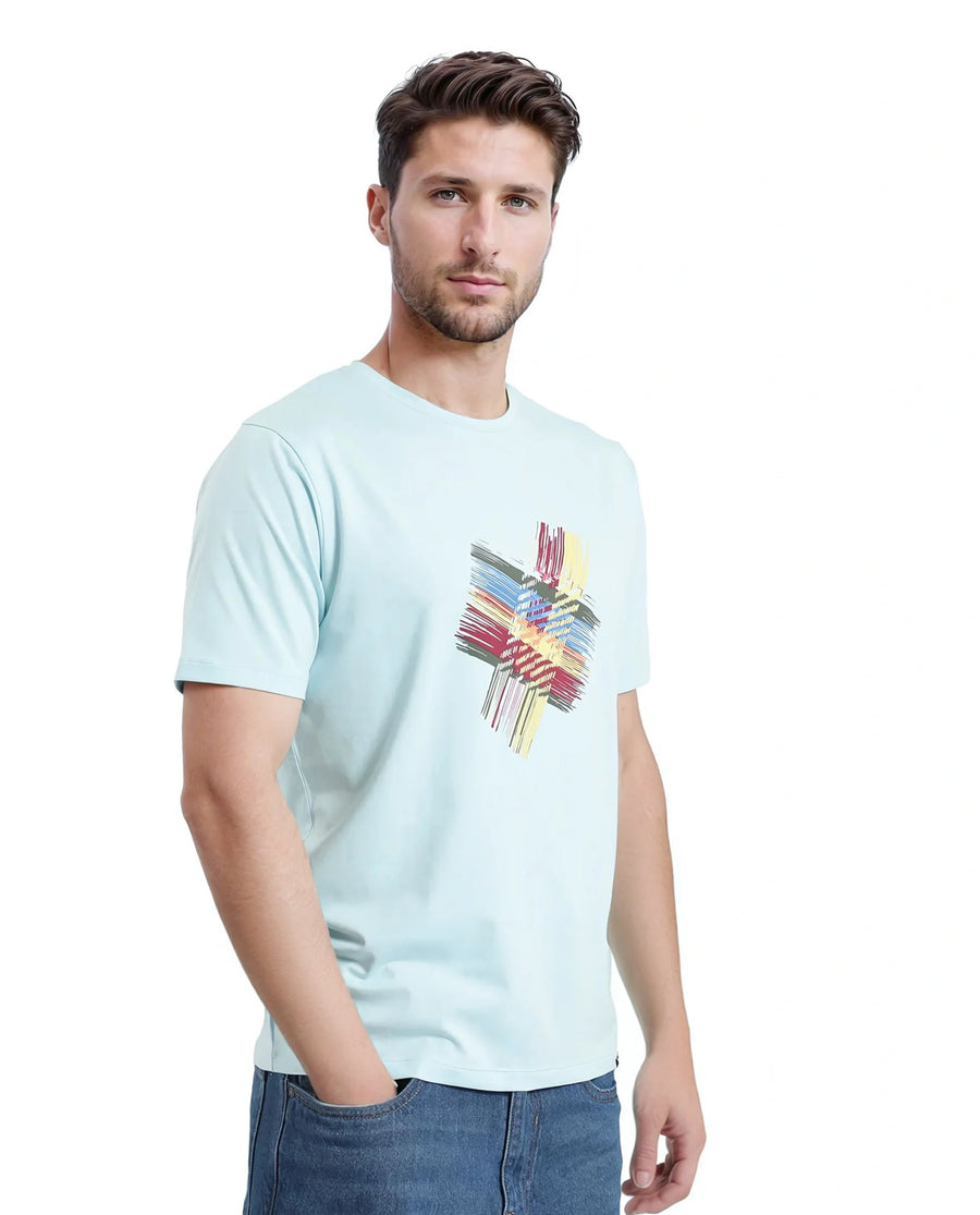 Rare Rabbit Men's Brax Light Blue Cotton Blend Graphic Print Regular Fit Half Sleeve Crew Neck T-Shirt