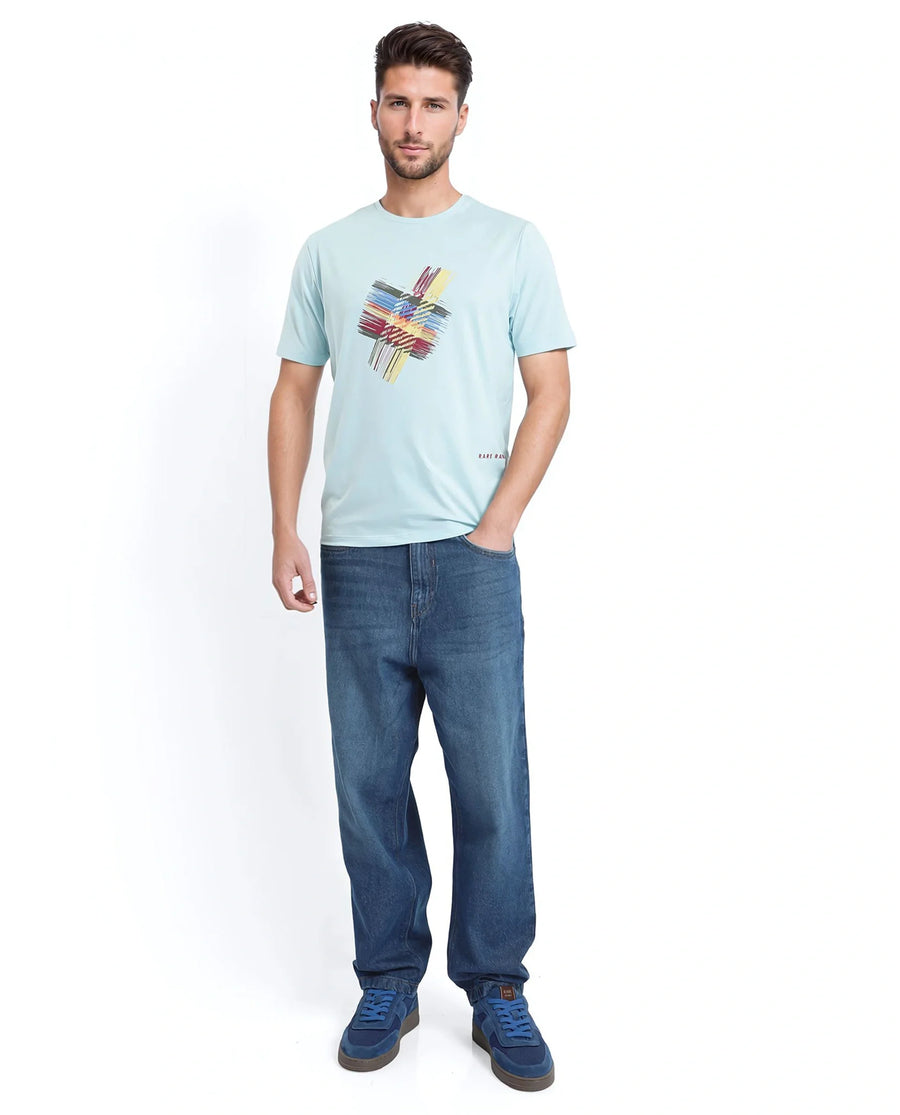 Rare Rabbit Men's Brax Light Blue Cotton Blend Graphic Print Regular Fit Half Sleeve Crew Neck T-Shirt
