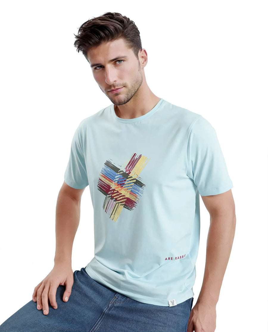 Rare Rabbit Men's Brax Light Blue Cotton Blend Graphic Print Regular Fit Half Sleeve Crew Neck T-Shirt