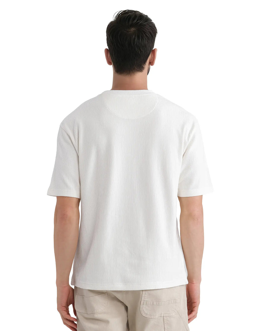 Rare Rabbit Men's Breet-1 White Cotton Blend Textured Oversized Fit Half Sleeve Crew Neck T-Shirt