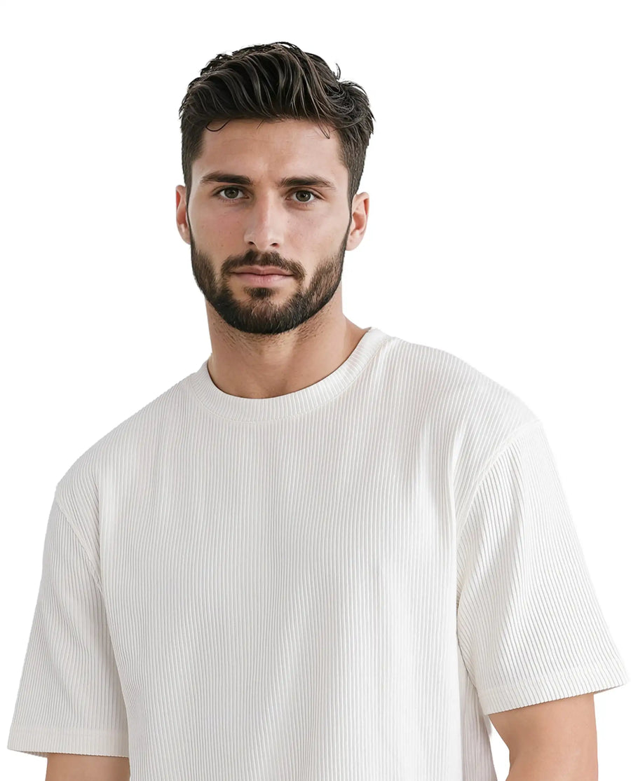 Rare Rabbit Men's Breet-1 White Cotton Blend Textured Oversized Fit Half Sleeve Crew Neck T-Shirt