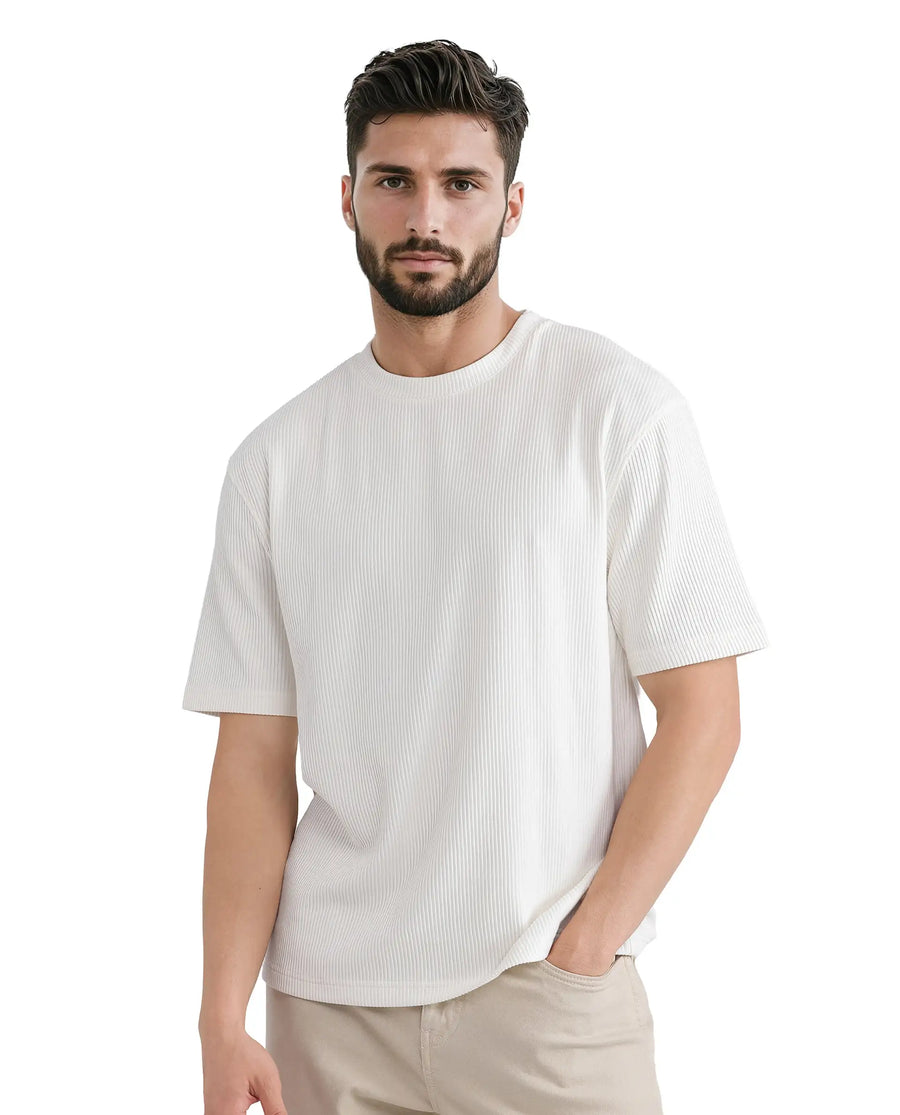 Rare Rabbit Men's Breet-1 White Cotton Blend Textured Oversized Fit Half Sleeve Crew Neck T-Shirt