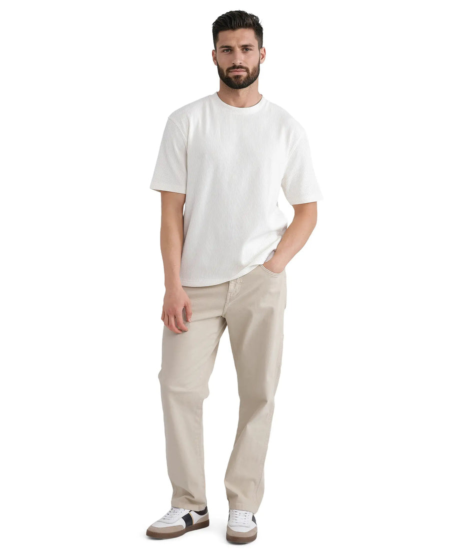 Rare Rabbit Men's Breet-1 White Cotton Blend Textured Oversized Fit Half Sleeve Crew Neck T-Shirt