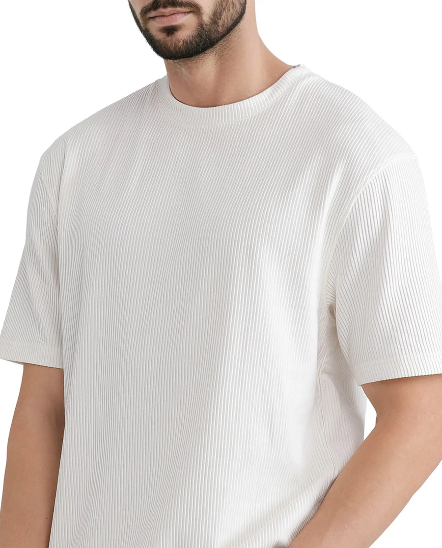 Rare Rabbit Men's Breet-1 White Cotton Blend Textured Oversized Fit Half Sleeve Crew Neck T-Shirt