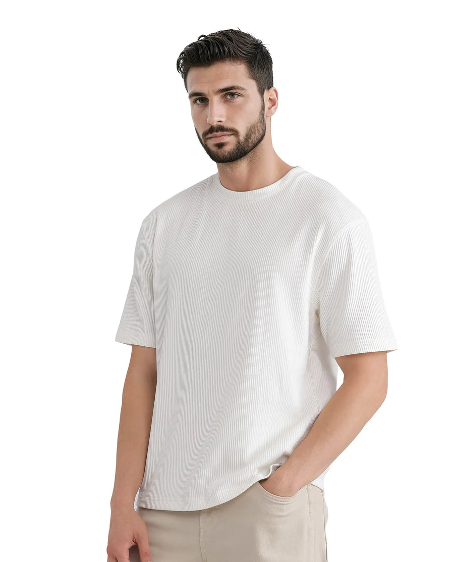 Rare Rabbit Men's Breet-1 White Cotton Blend Textured Oversized Fit Half Sleeve Crew Neck T-Shirt