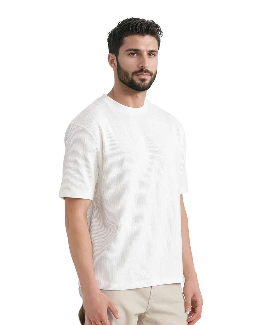 Rare Rabbit Men's Breet-1 White Cotton Blend Textured Oversized Fit Half Sleeve Crew Neck T-Shirt