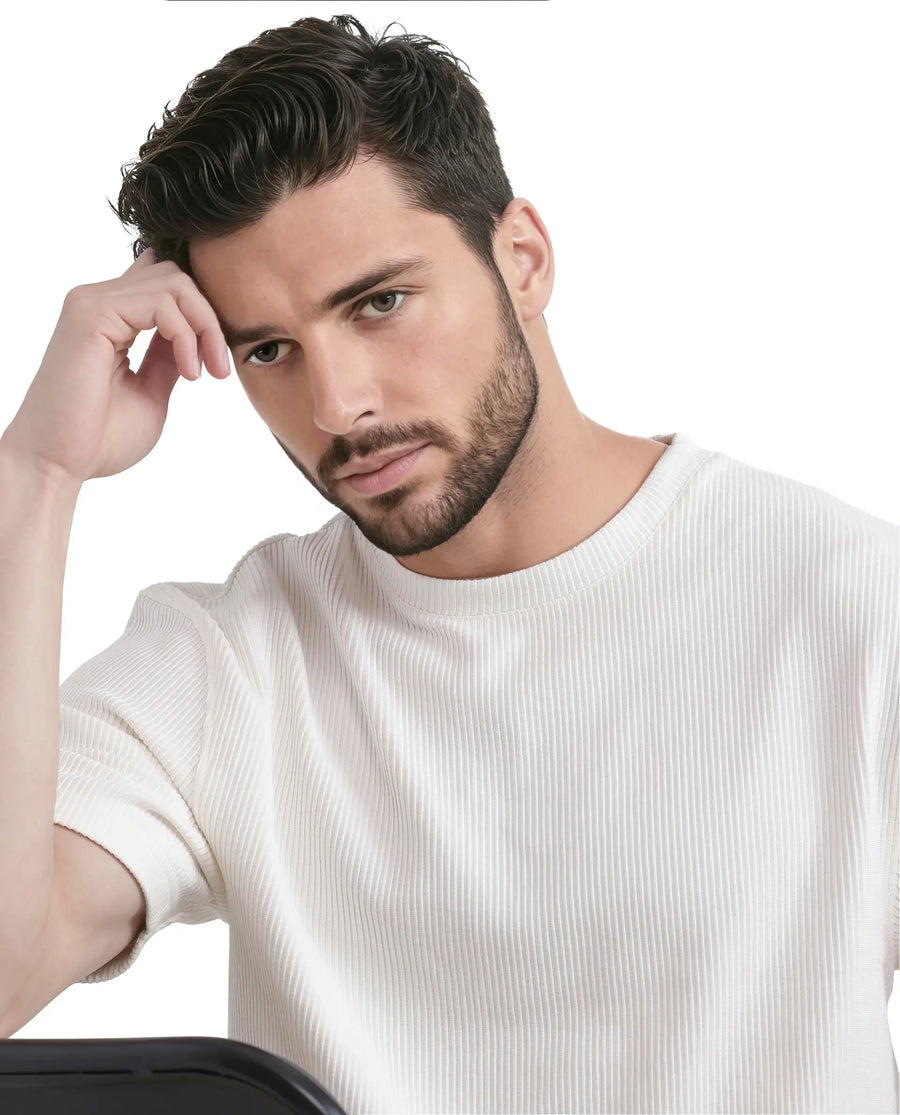 Rare Rabbit Men's Breet-1 White Cotton Blend Textured Oversized Fit Half Sleeve Crew Neck T-Shirt