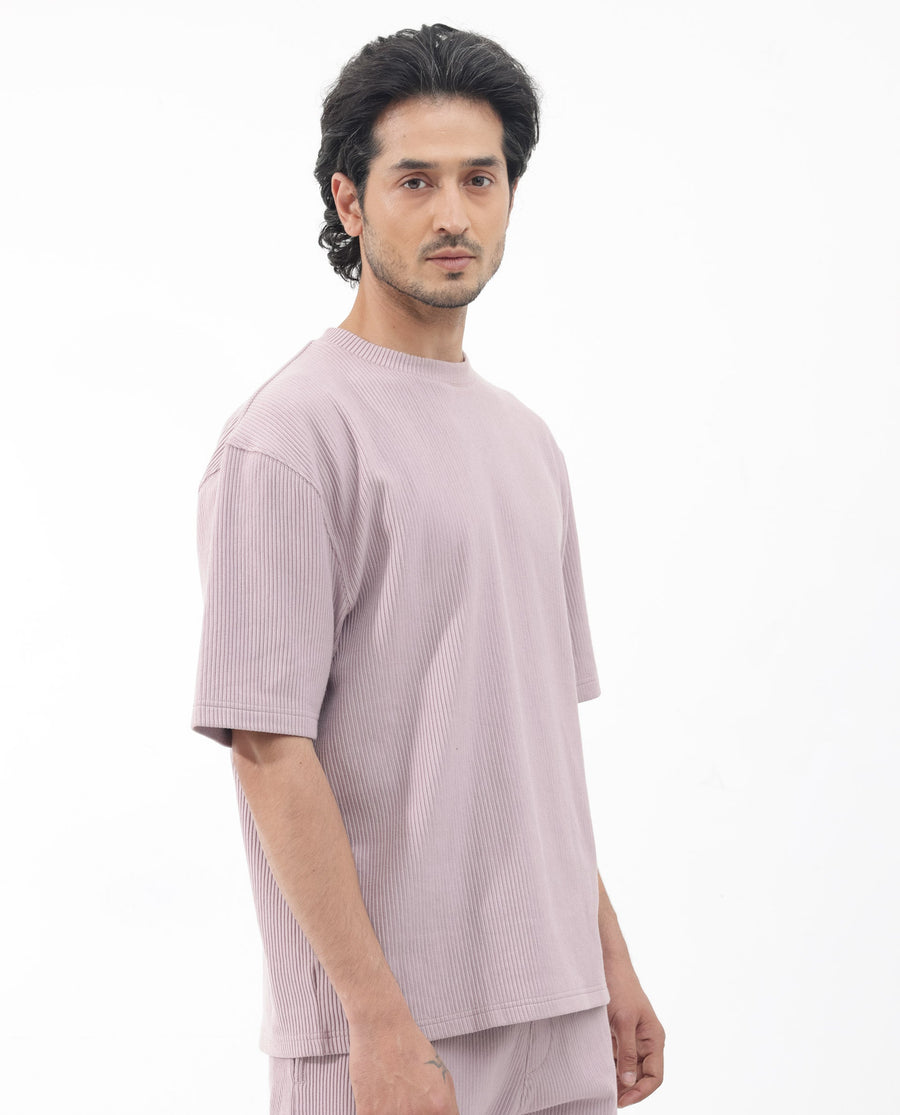 Rare Rabbit Men's Breet Dusky Purple Cotton Textured Oversized Fit Half Sleeve Crew Neck T-Shirt