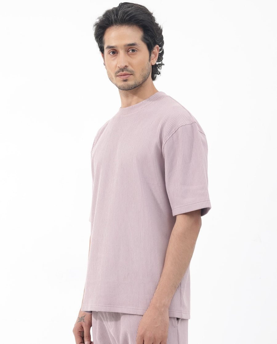 Rare Rabbit Men's Breet Dusky Purple Cotton Textured Oversized Fit Half Sleeve Crew Neck T-Shirt