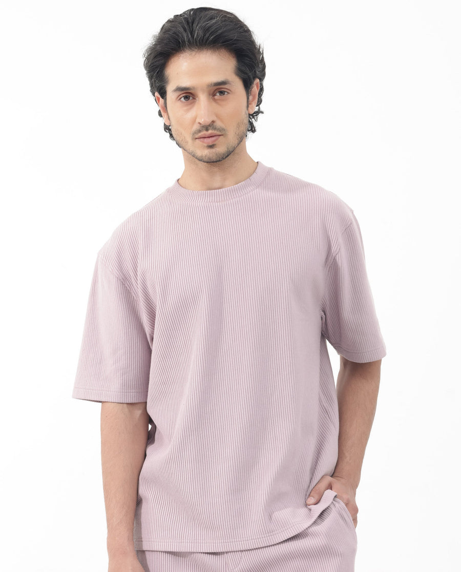 Rare Rabbit Men's Breet Dusky Purple Cotton Textured Oversized Fit Half Sleeve Crew Neck T-Shirt