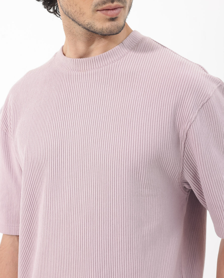 Rare Rabbit Men's Breet Dusky Purple Cotton Textured Oversized Fit Half Sleeve Crew Neck T-Shirt