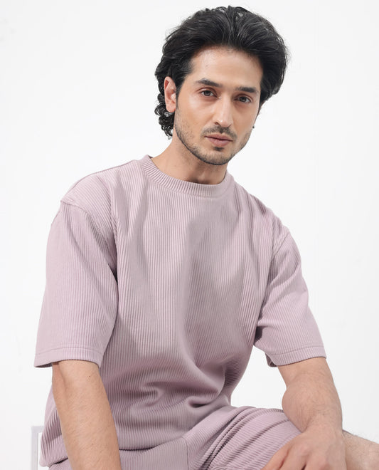 Rare Rabbit Men's Breet Dusky Purple Cotton Textured Oversized Fit Half Sleeve Crew Neck T-Shirt