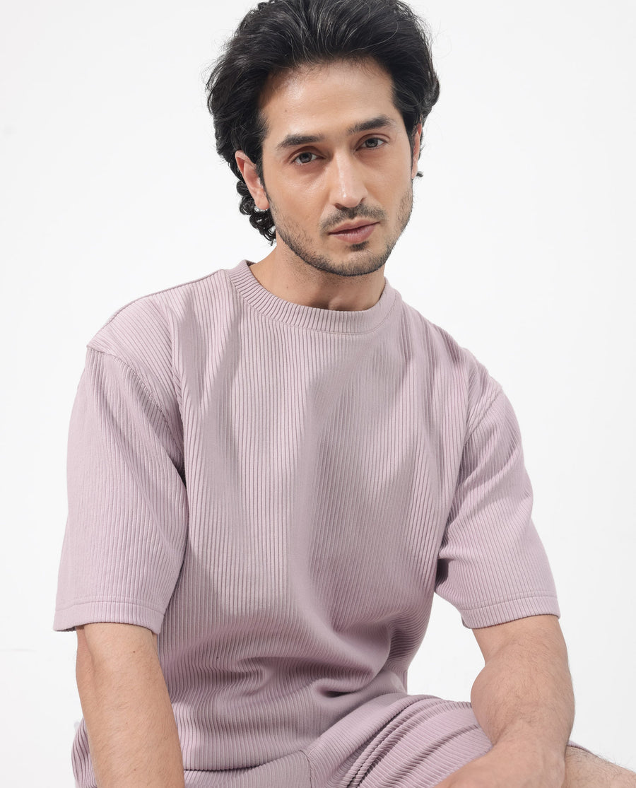 Rare Rabbit Men's Breet Dusky Purple Cotton Textured Oversized Fit Half Sleeve Crew Neck T-Shirt