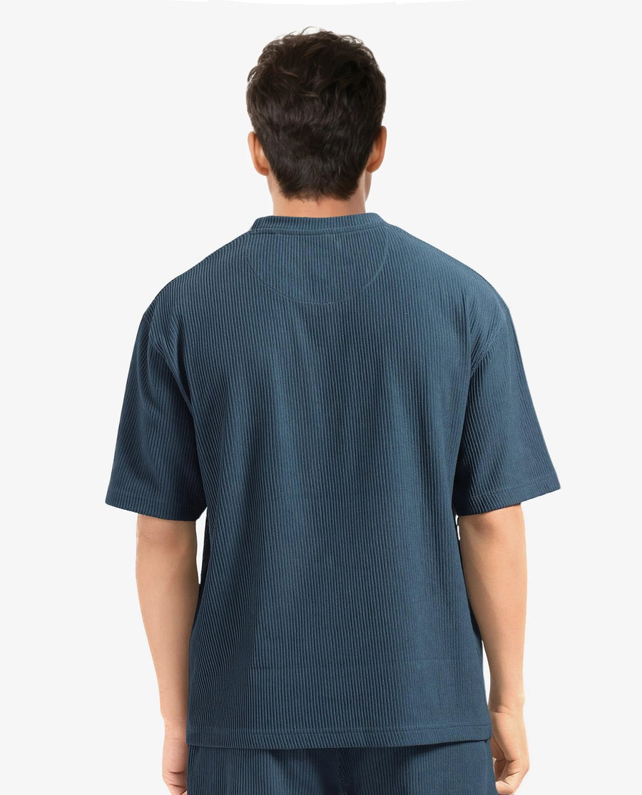 Rare Rabbit Men's Breet-1 Dark Green Cotton Blend Textured Oversized Fit Half Sleeve Crew Neck T-Shirt