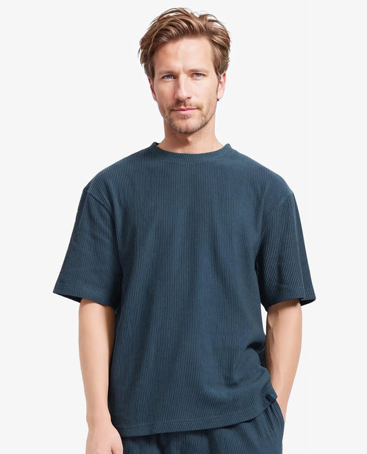 Rare Rabbit Men's Breet-1 Dark Green Cotton Blend Textured Oversized Fit Half Sleeve Crew Neck T-Shirt