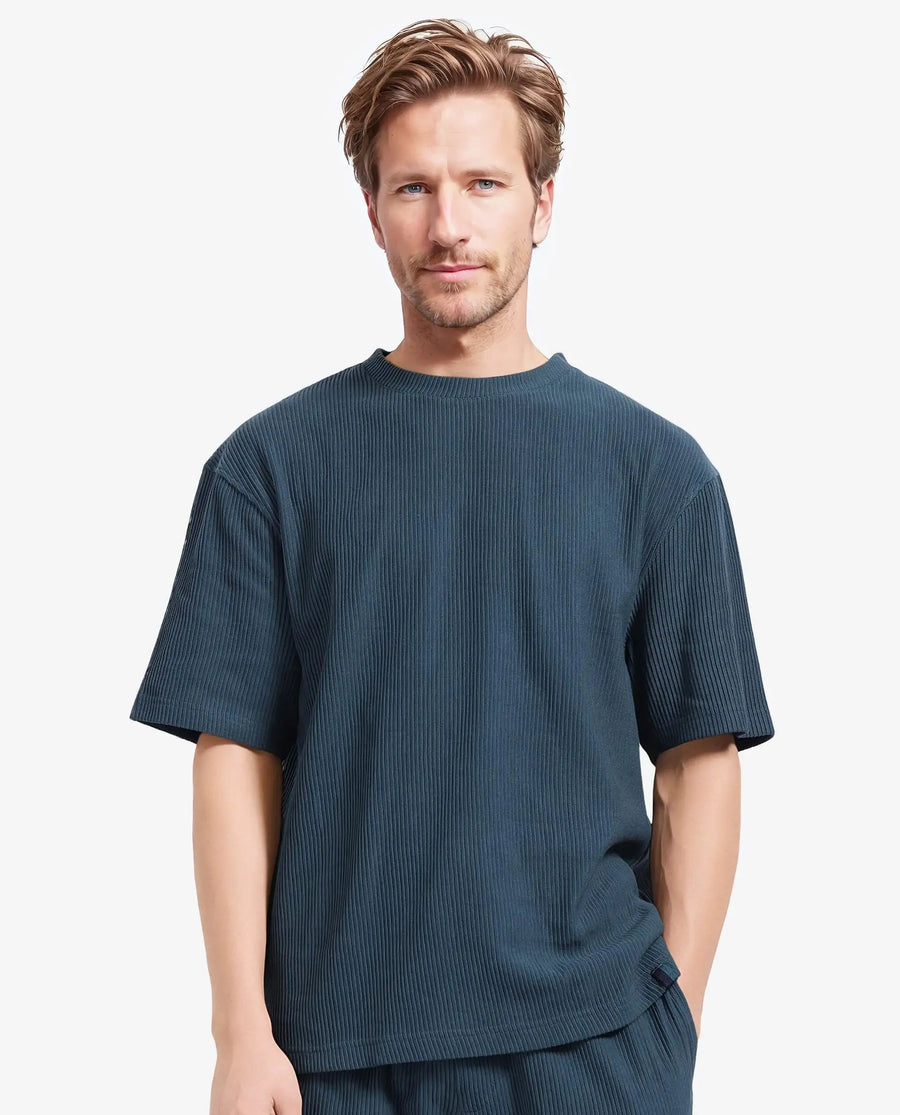 Rare Rabbit Men's Breet-1 Dark Green Cotton Blend Textured Oversized Fit Half Sleeve Crew Neck T-Shirt