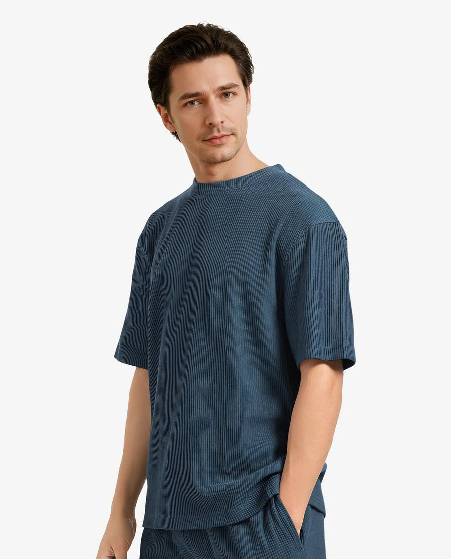 Rare Rabbit Men's Breet-1 Dark Green Cotton Blend Textured Oversized Fit Half Sleeve Crew Neck T-Shirt