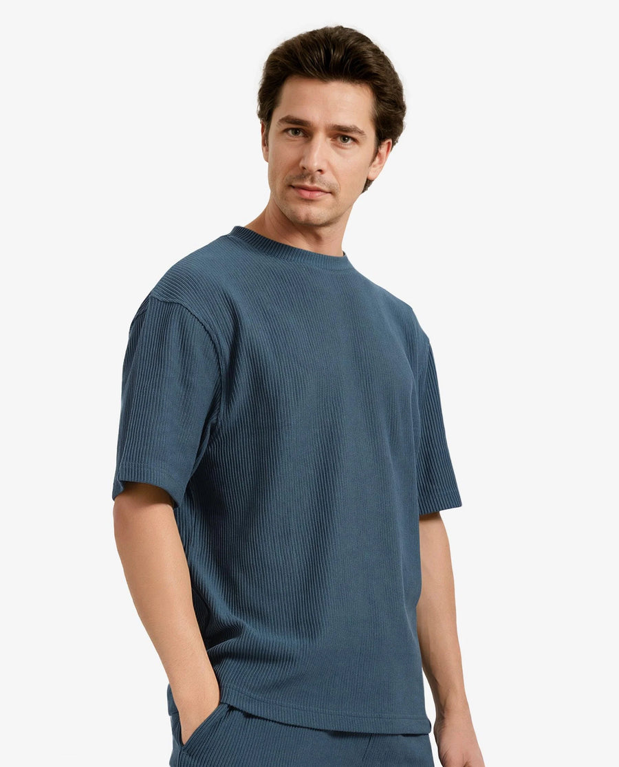 Rare Rabbit Men's Breet-1 Dark Green Cotton Blend Textured Oversized Fit Half Sleeve Crew Neck T-Shirt