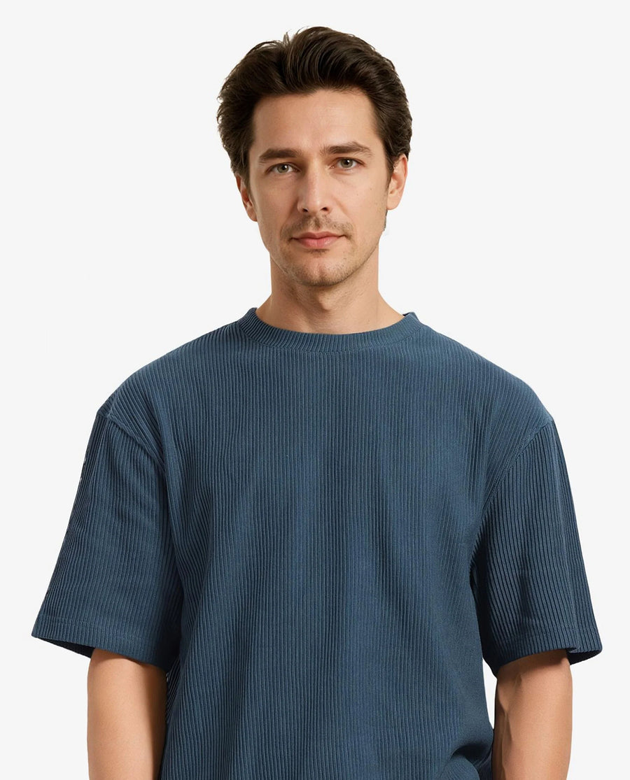 Rare Rabbit Men's Breet-1 Dark Green Cotton Blend Textured Oversized Fit Half Sleeve Crew Neck T-Shirt