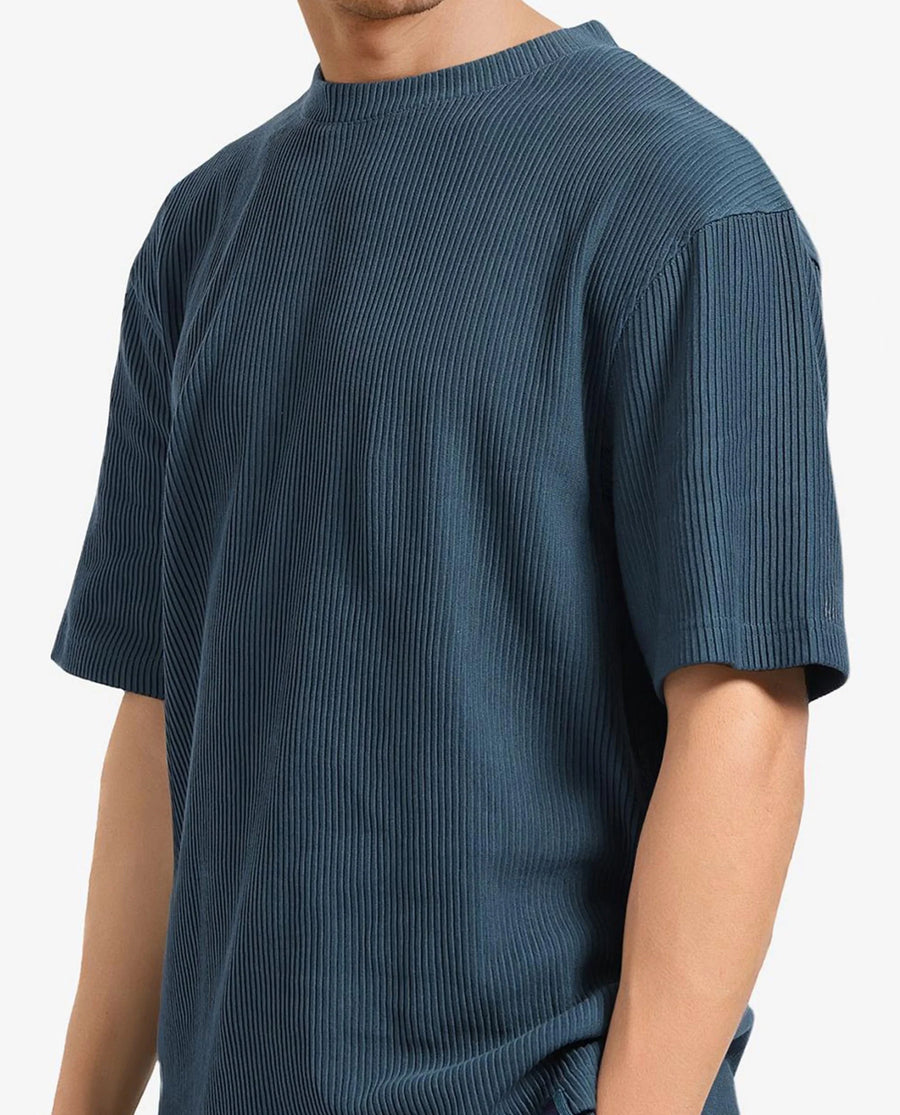 Rare Rabbit Men's Breet-1 Dark Green Cotton Blend Textured Oversized Fit Half Sleeve Crew Neck T-Shirt