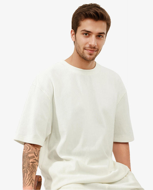 Rare Rabbit Men's Breet White Cotton Plain Oversized Fit Half Sleeve Crew Neck T-Shirt