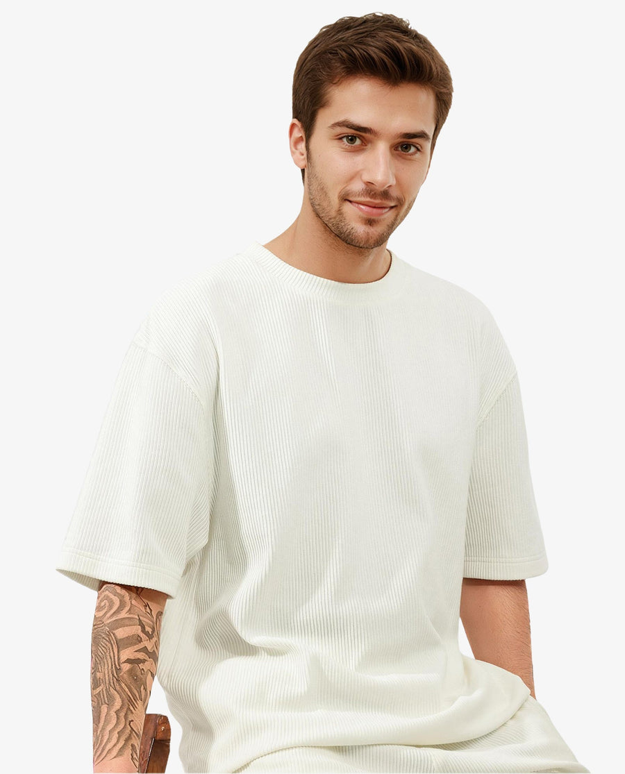 Rare Rabbit Men's Breet White Cotton Plain Oversized Fit Half Sleeve Crew Neck T-Shirt