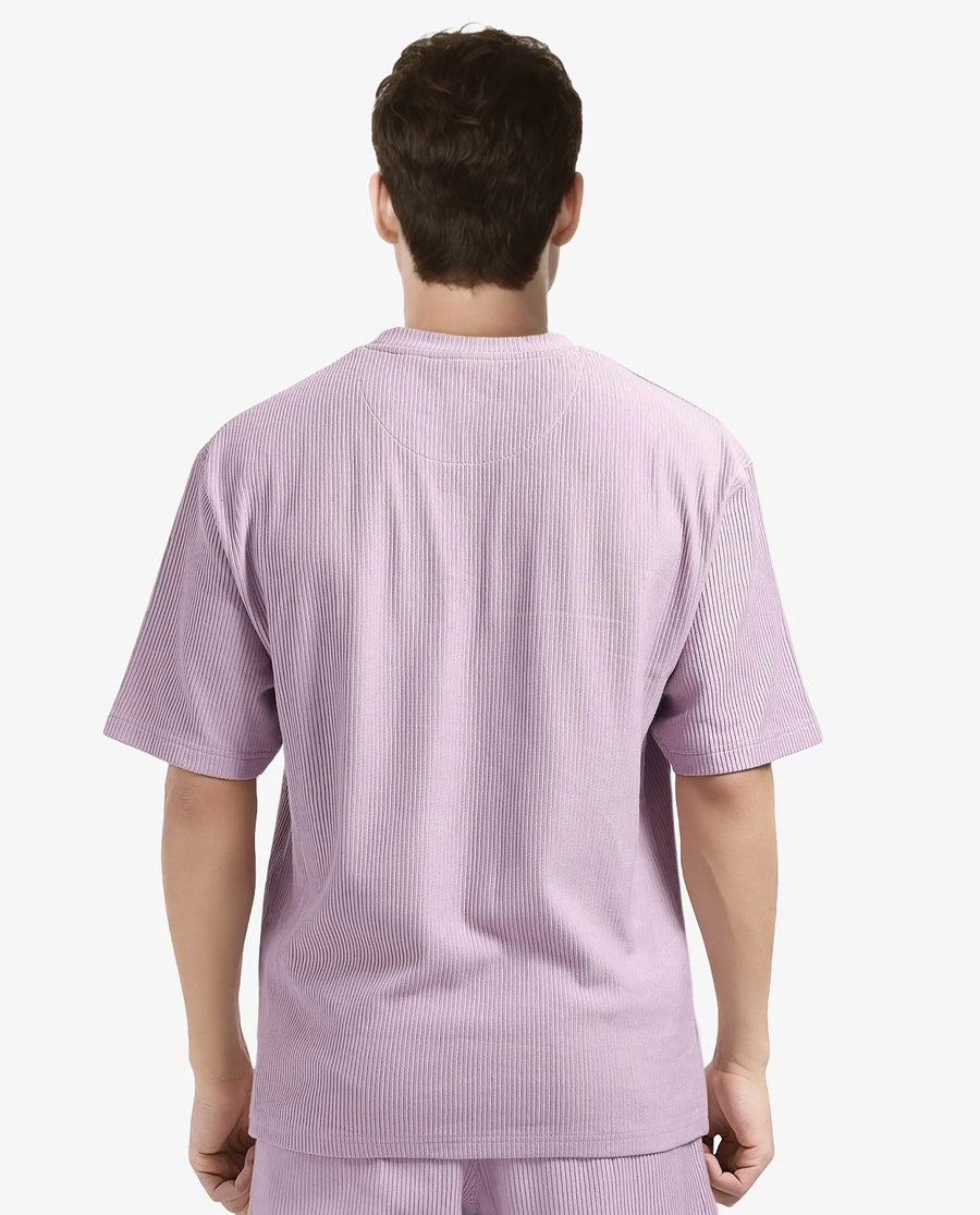 Rare Rabbit Men's Breet-1 Dusky Pink Cotton Blend Textured Oversized Fit Half Sleeve Crew Neck T-Shirt