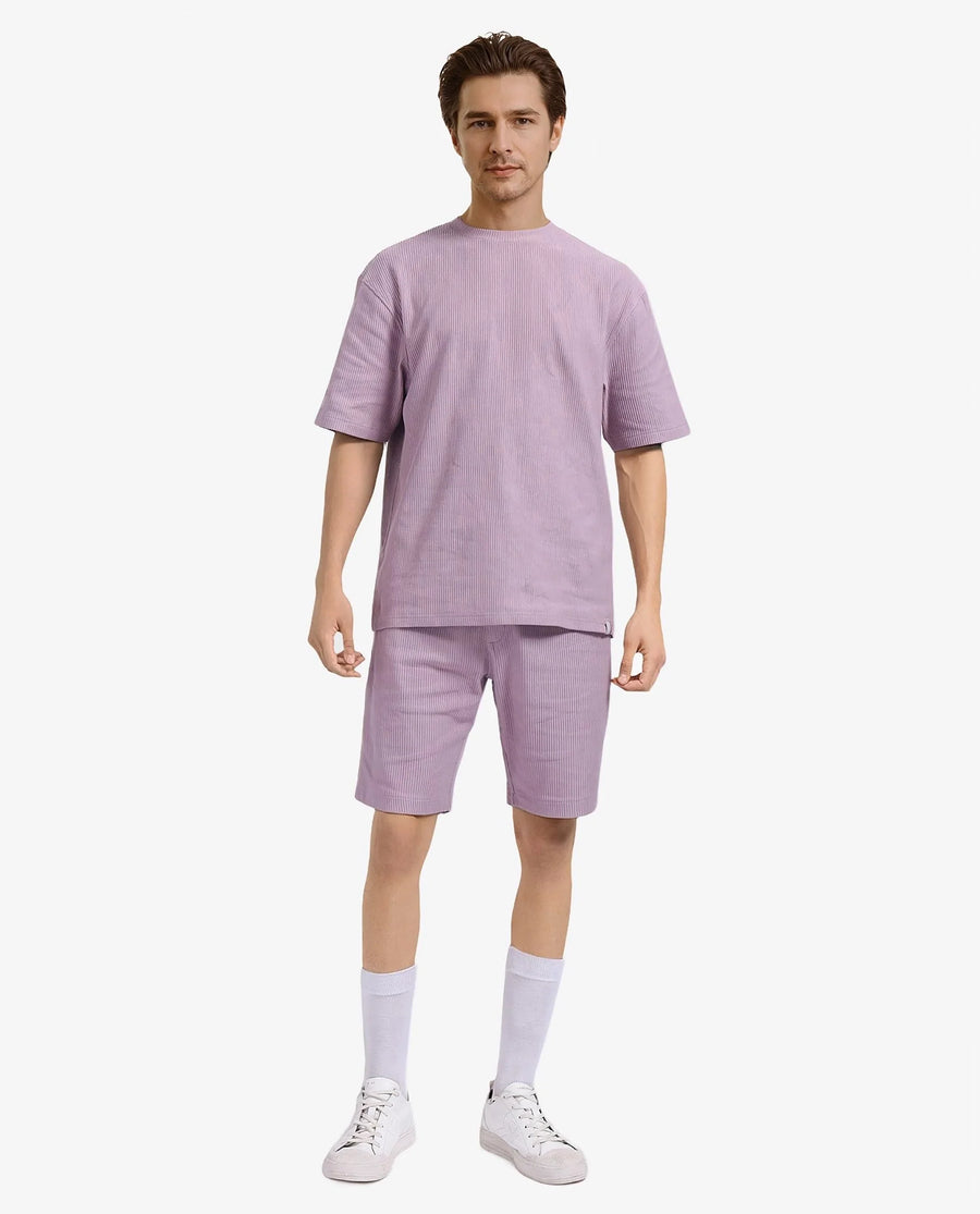 Rare Rabbit Men's Breet-1 Dusky Pink Cotton Blend Textured Oversized Fit Half Sleeve Crew Neck T-Shirt