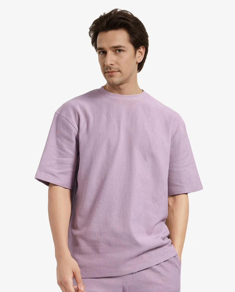 Rare Rabbit Men's Breet-1 Dusky Pink Cotton Blend Textured Oversized Fit Half Sleeve Crew Neck T-Shirt
