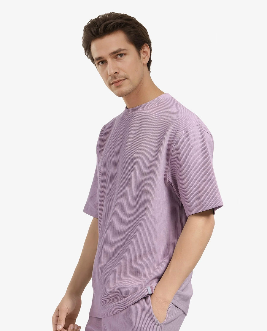 Rare Rabbit Men's Breet-1 Dusky Pink Cotton Blend Textured Oversized Fit Half Sleeve Crew Neck T-Shirt