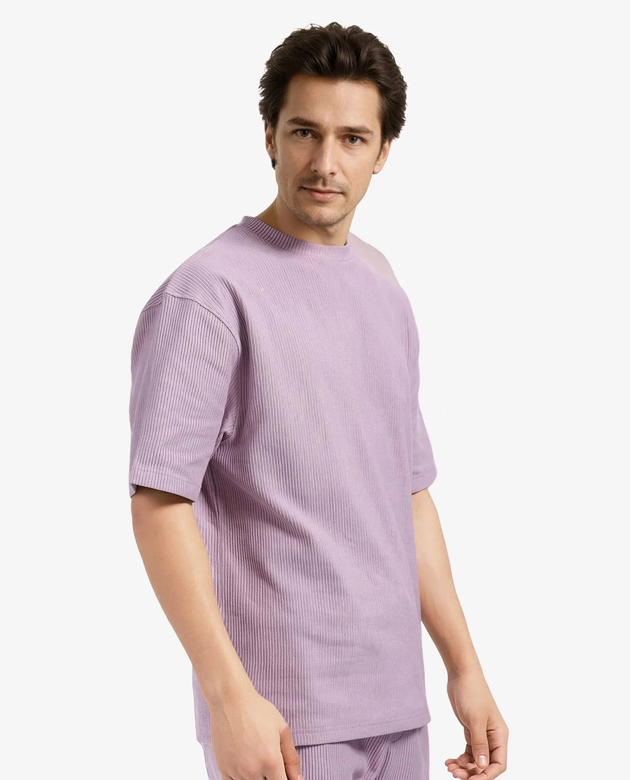 Rare Rabbit Men's Breet-1 Dusky Pink Cotton Blend Textured Oversized Fit Half Sleeve Crew Neck T-Shirt