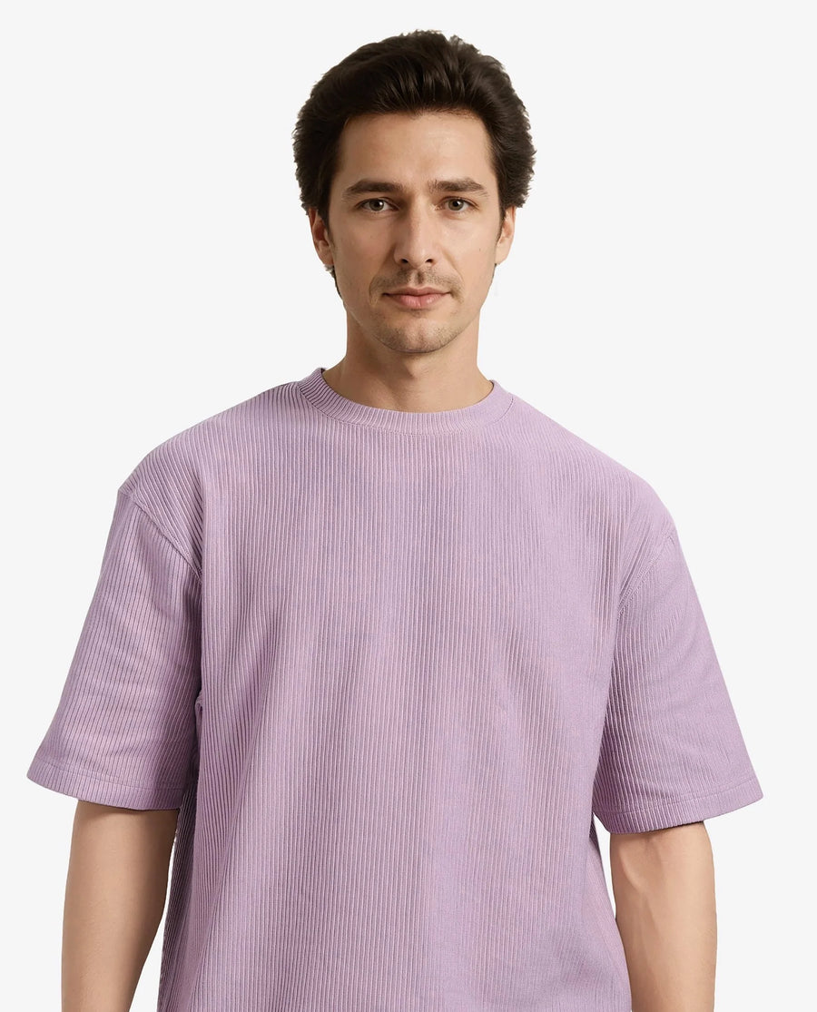 Rare Rabbit Men's Breet-1 Dusky Pink Cotton Blend Textured Oversized Fit Half Sleeve Crew Neck T-Shirt