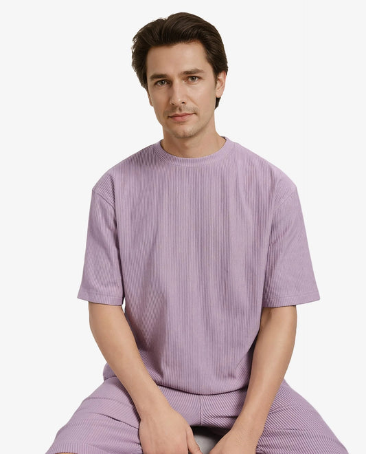 Rare Rabbit Men's Breet-1 Dusky Pink Cotton Blend Textured Oversized Fit Half Sleeve Crew Neck T-Shirt