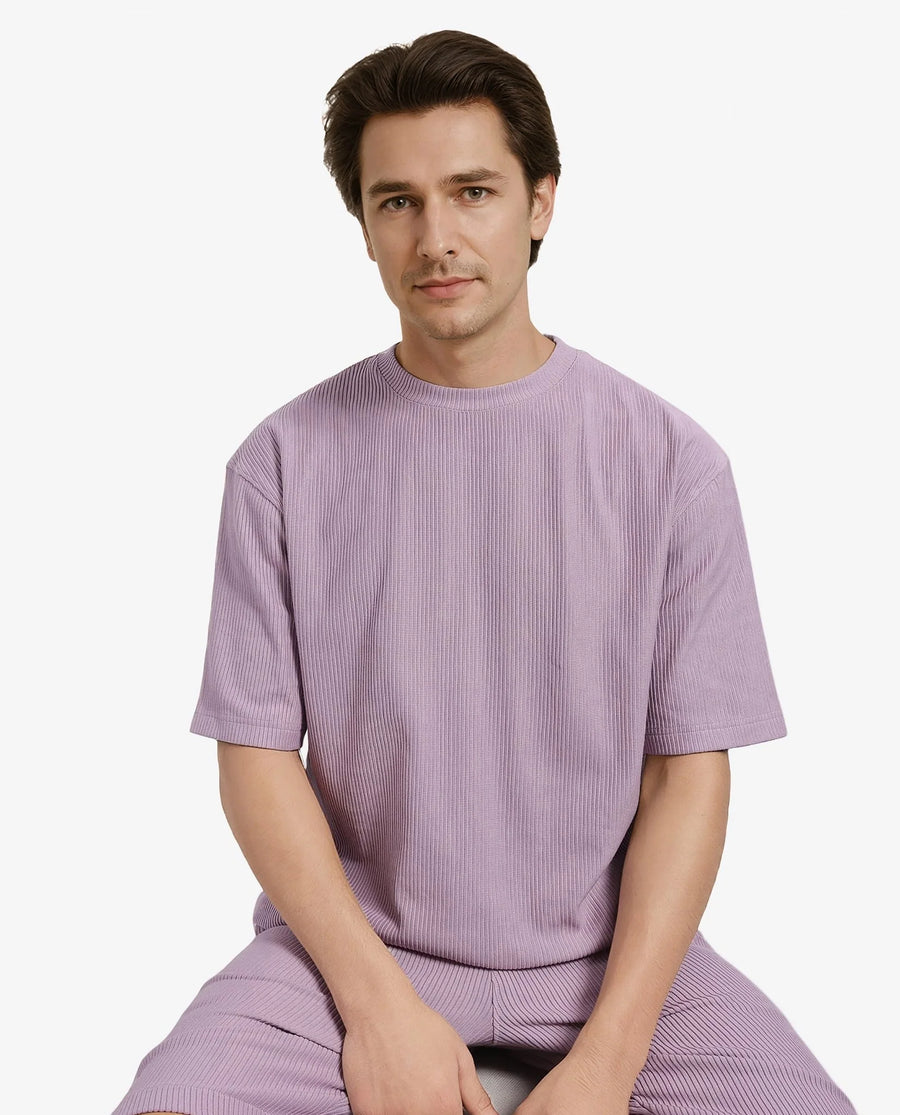 Rare Rabbit Men's Breet-1 Dusky Pink Cotton Blend Textured Oversized Fit Half Sleeve Crew Neck T-Shirt