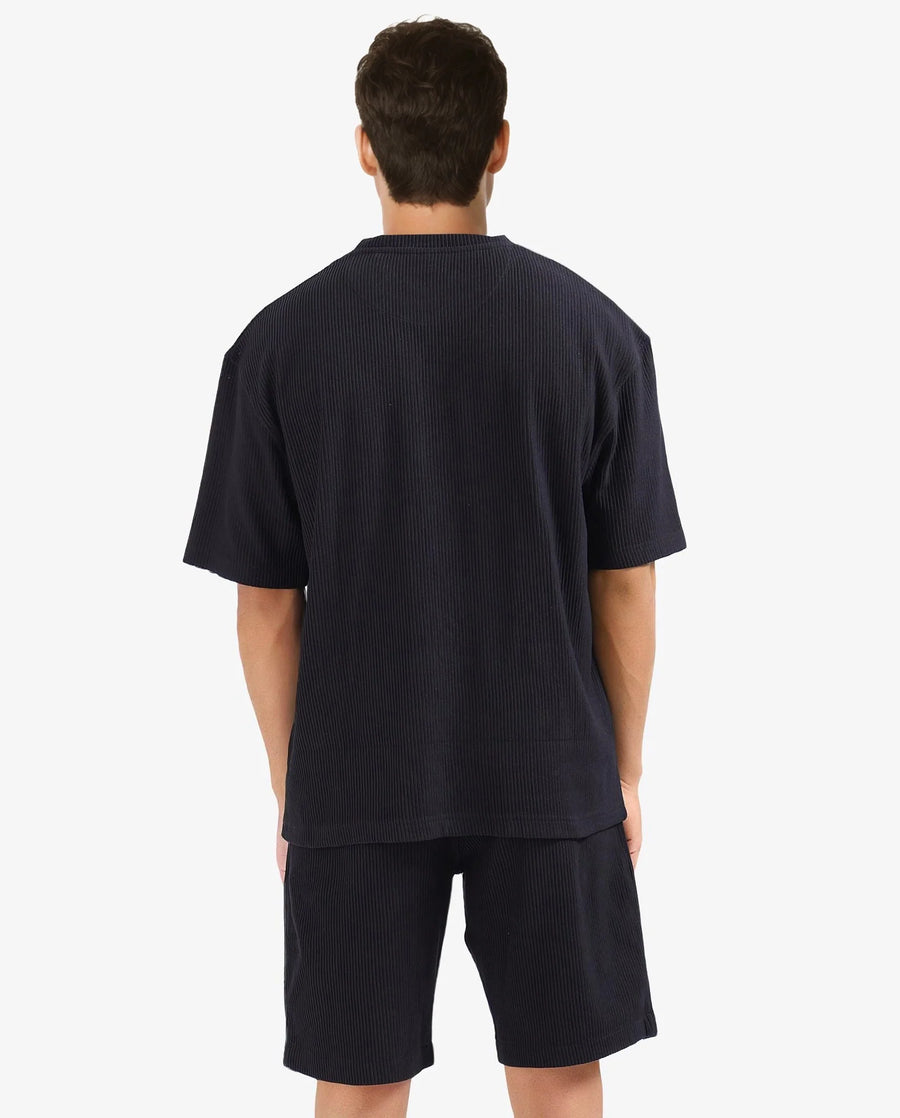 Rare Rabbit Men's Breet-1 Black Cotton Blend Textured Oversized Fit Half Sleeve Crew Neck T-Shirt
