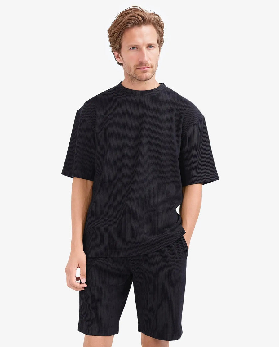 Rare Rabbit Men's Breet-1 Black Cotton Blend Textured Oversized Fit Half Sleeve Crew Neck T-Shirt