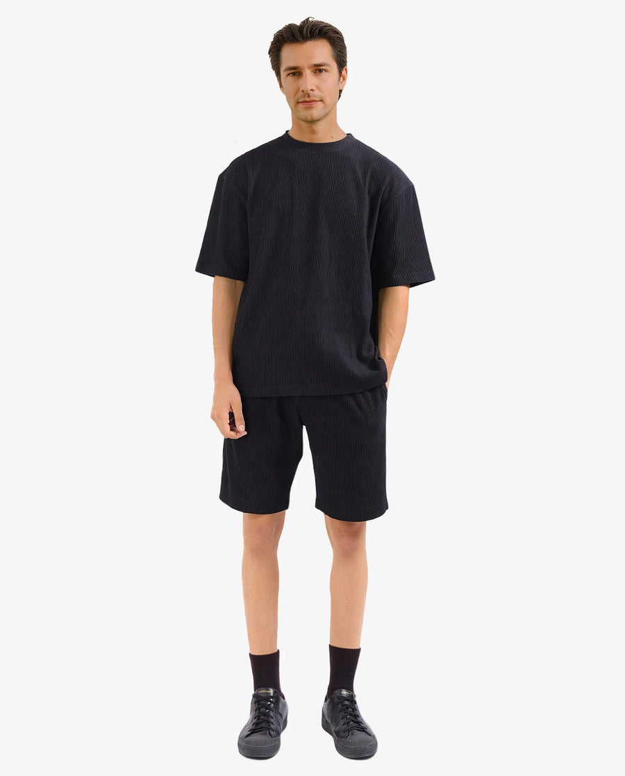 Rare Rabbit Men's Breet-1 Black Cotton Blend Textured Oversized Fit Half Sleeve Crew Neck T-Shirt